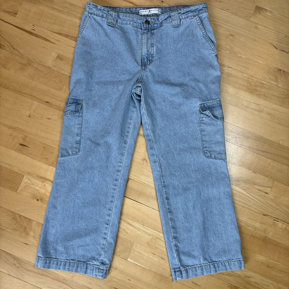 Vintage Y2K Cargo Jeans Crop Tommy Hilfiger 10 Denim Wide Leg Utility Grunge
